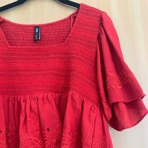 Zara Red Smocked Square Neck Top